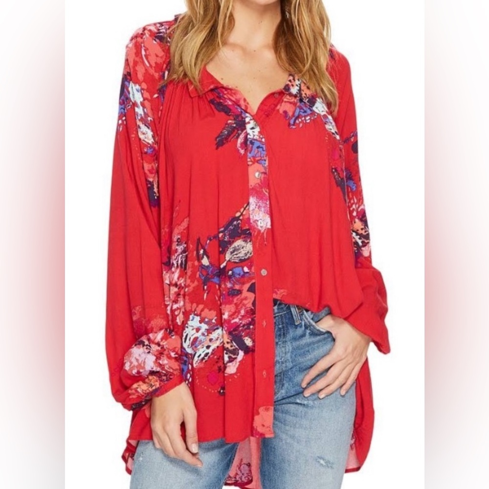 Free People Red Flowy Floral Button Down Size Small